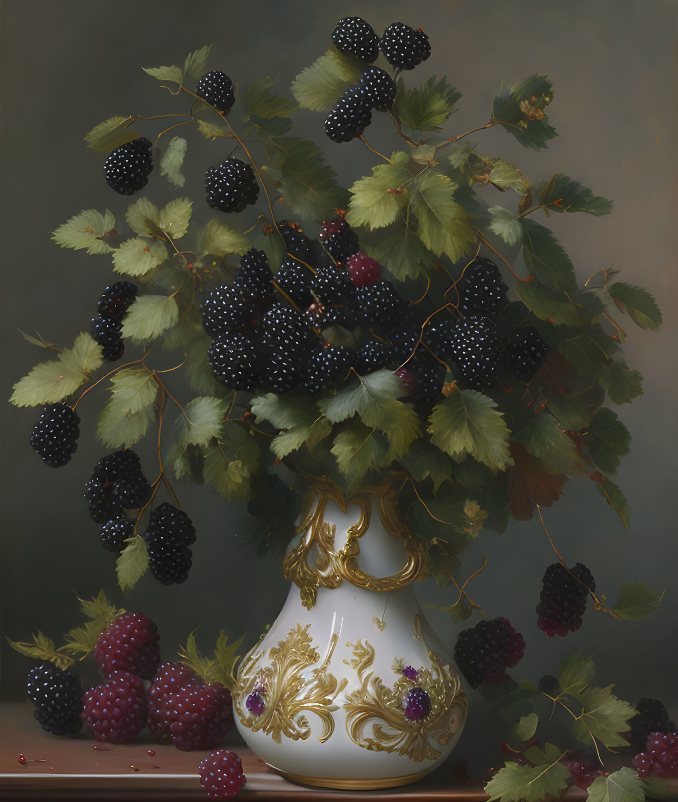 Fresh Blackberries in White Vase with Gold Accents and Moody Background