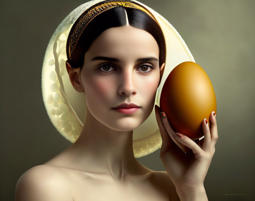 Dark-haired woman holding large golden egg with halo glow on neutral backdrop