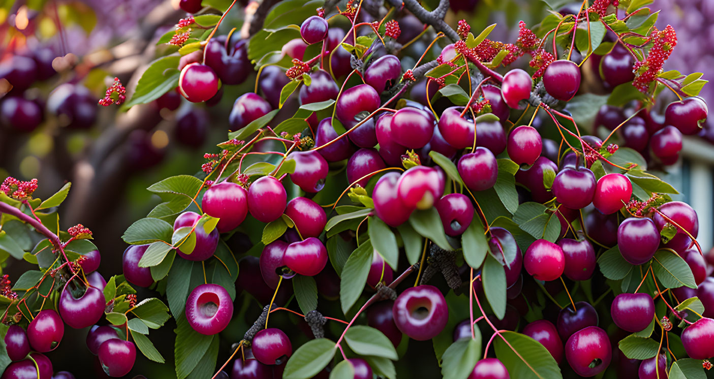 Clustered ripe purple cherries on branches with green leaves and blossoms.