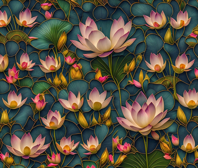 Pink and Yellow Lotus Flowers on Green Lily Pads Illustration