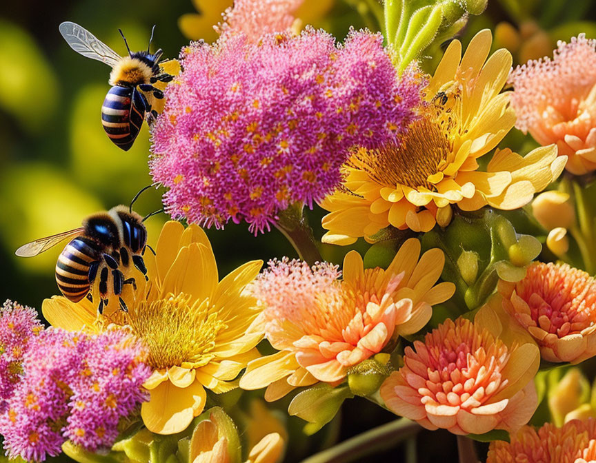 Bees pollinating pink and orange flowers on yellow background