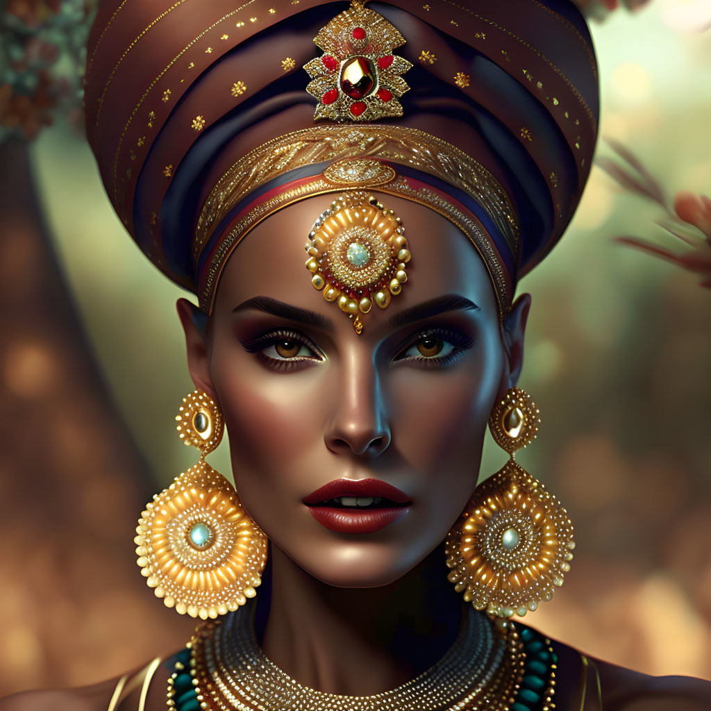 Elaborate Turban and Golden Jewelry Portrait with Bokeh Lights