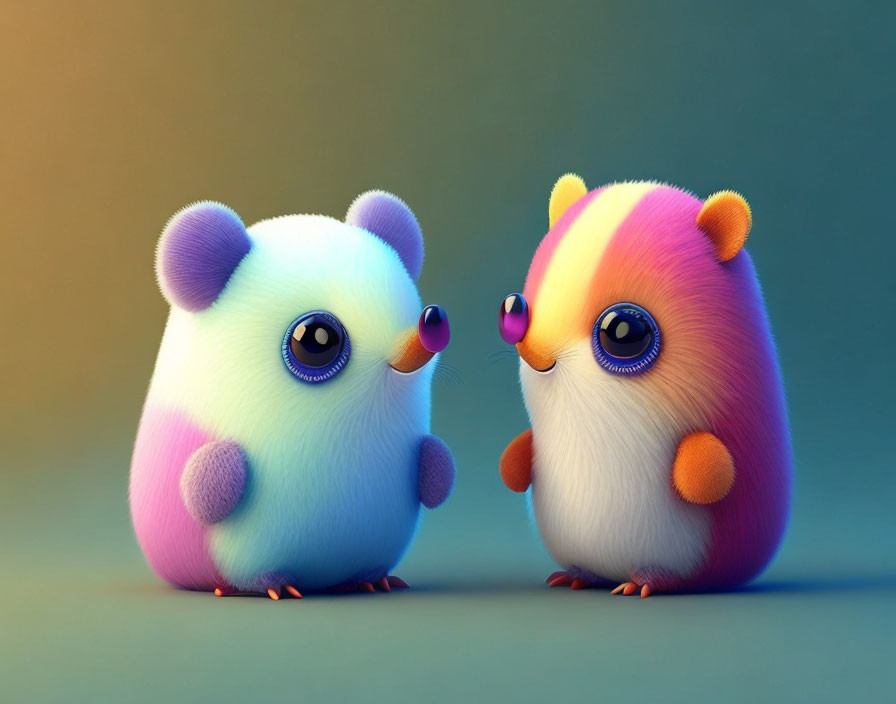 Colorful Stylized Round Creatures with Large Eyes and Soft Fur in Purple and Orange-Yellow Facing