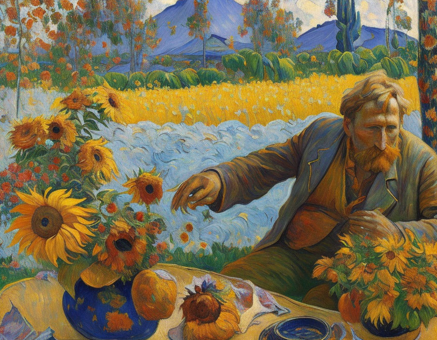 Man with Beard Sitting by Table Surrounded by Sunflowers in Garden Setting