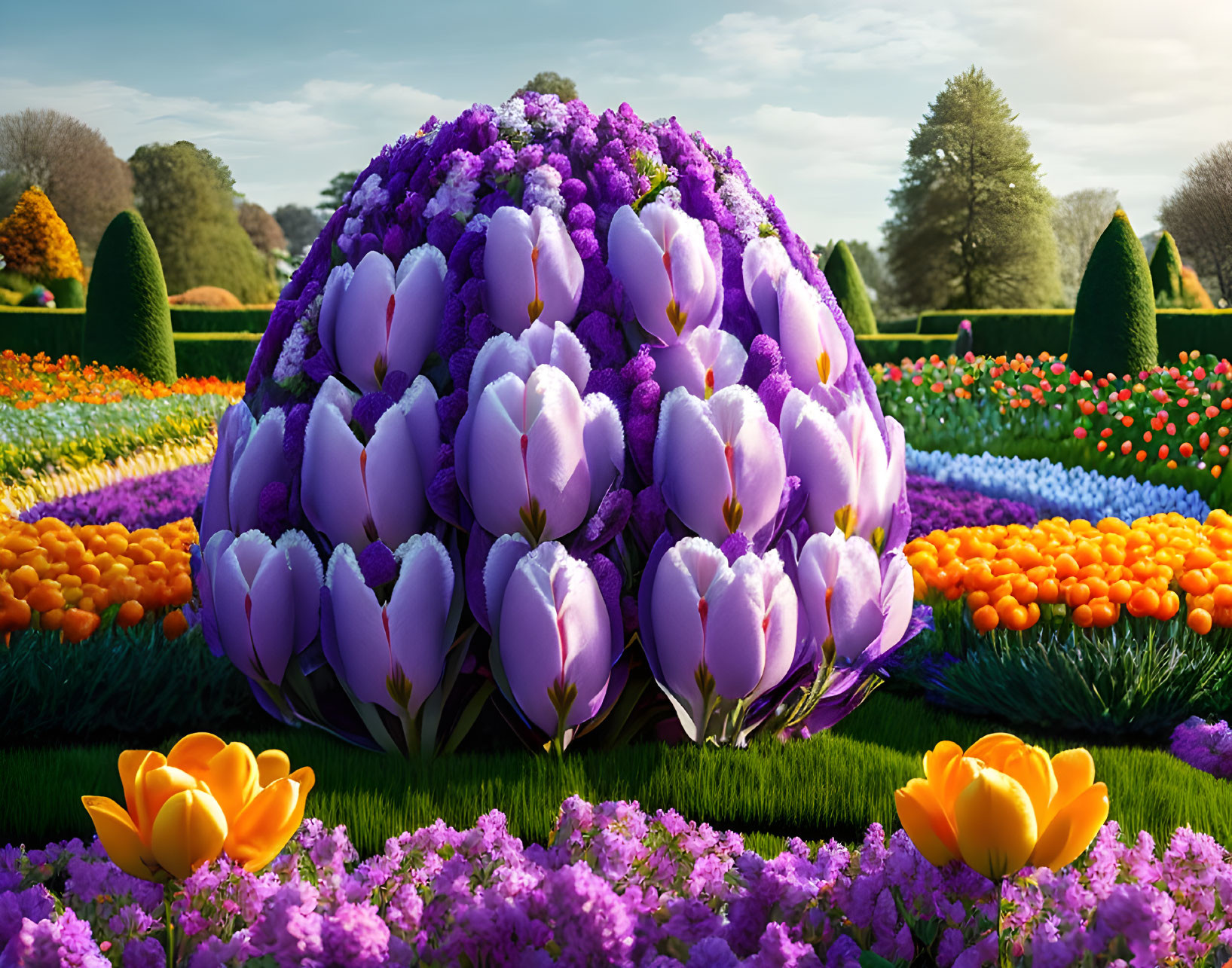 Colorful spherical floral arrangement with purple tulips and lilac flowers in lush garden setting.