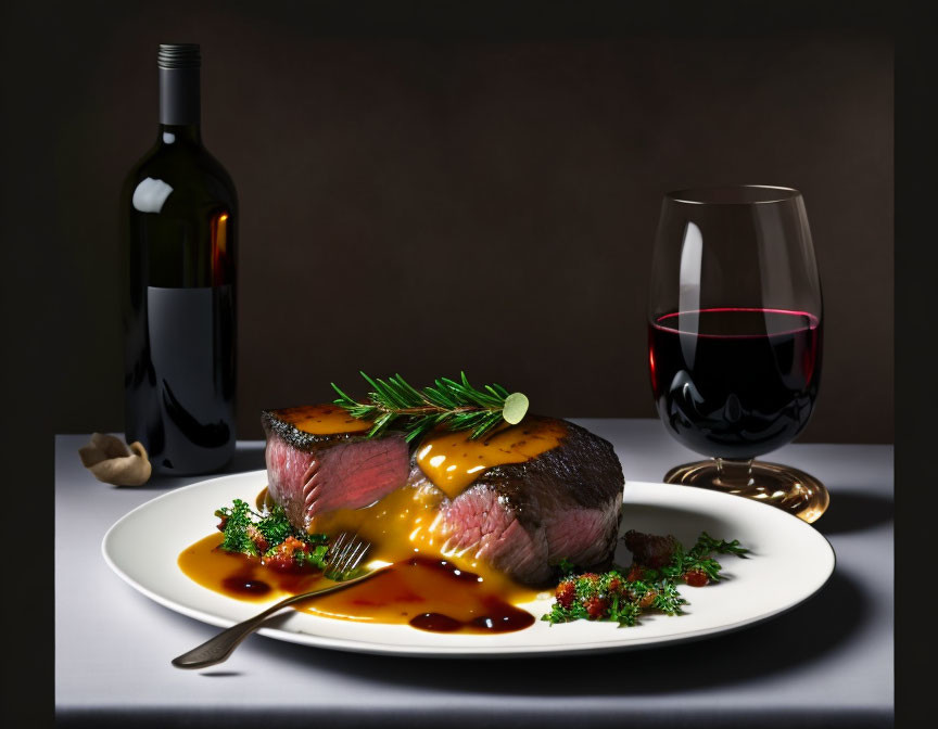 Medium-rare steak with herbs, red wine, sauce, golden fork on dark background