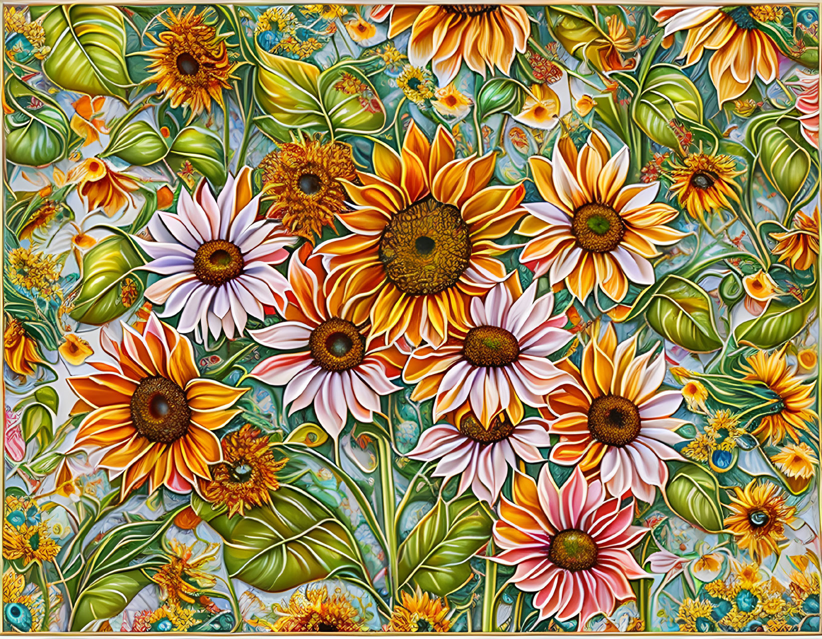 Colorful Sunflowers and Daisies Puzzle with Leaf Patterns