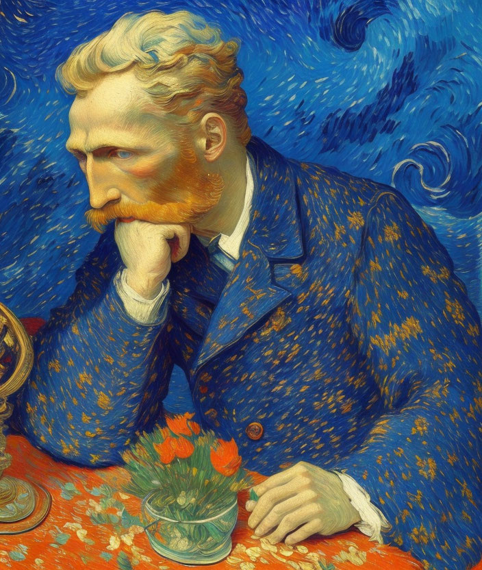 Portrait of pensive man with beard against swirling blue background and vase of orange flowers