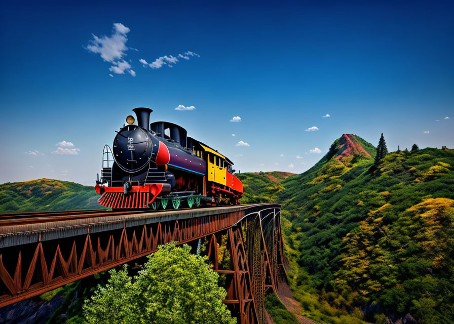 Vintage Steam Locomotive Crossing Steel Bridge in Green Hilly Landscape