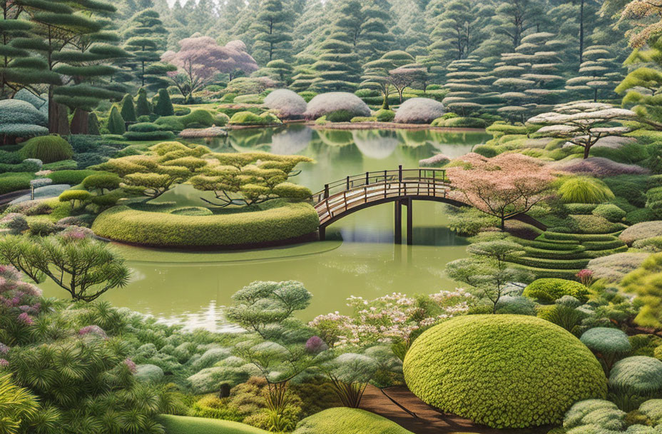 Tranquil Japanese Garden with Pond, Bridge, Cherry Blossoms