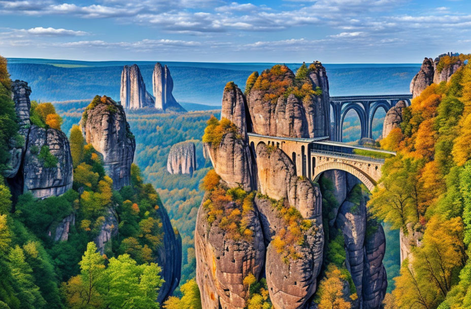 Majestic stone bridge over autumn canyon under blue sky