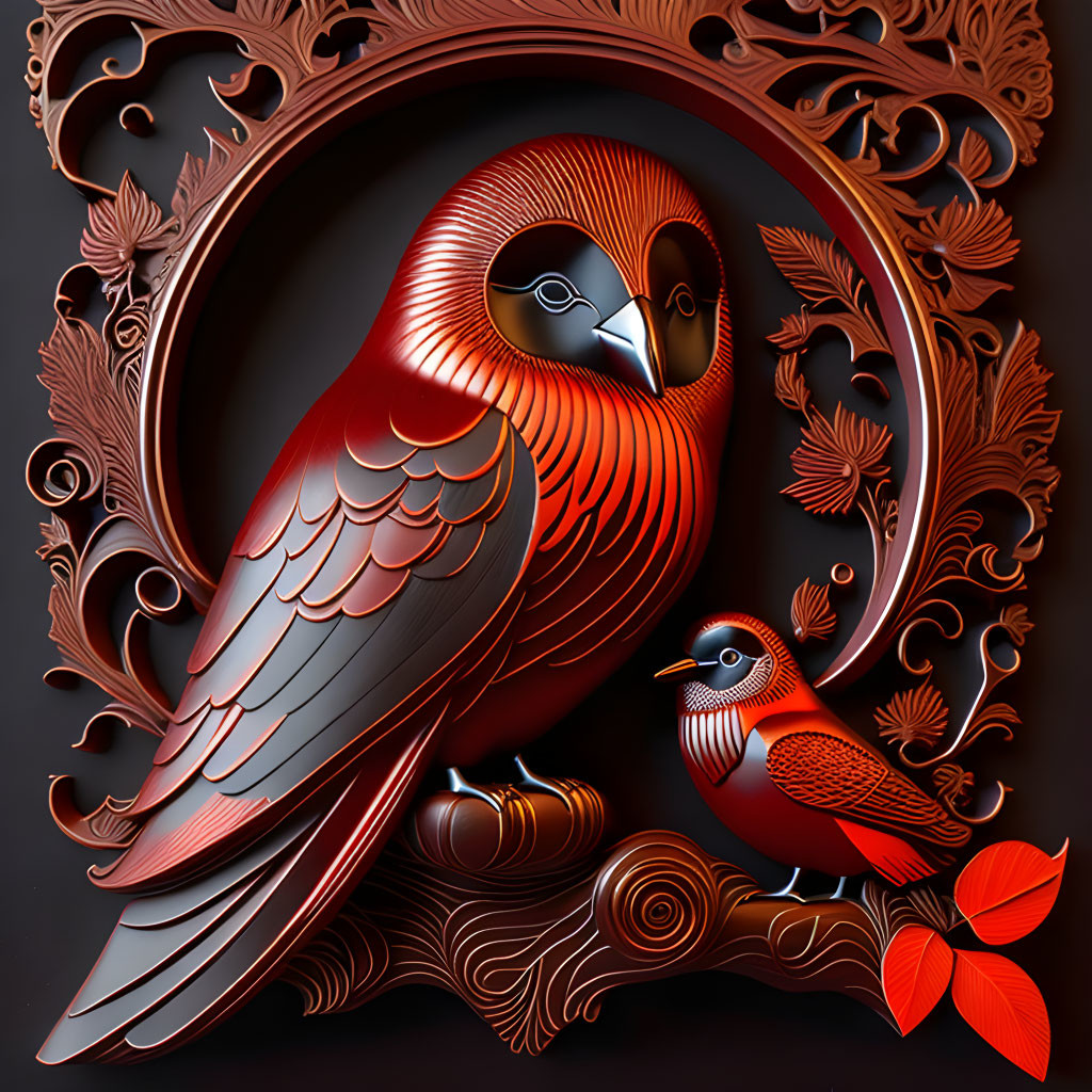 Stylized red bird in ornamental frame with foliage motifs