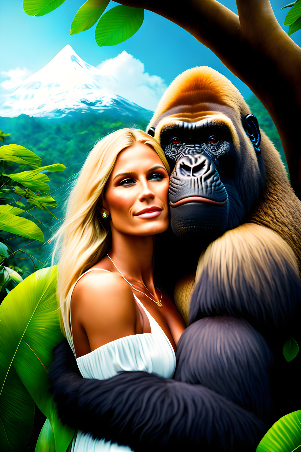 Blonde woman and gorilla in jungle with mountain background