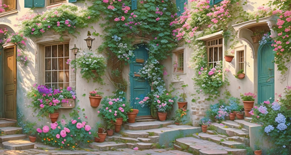 Stone pathway to charming house with ivy, flowers, teal doors, and potted plants