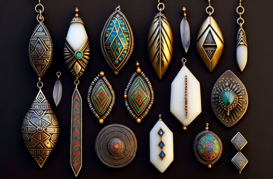 Intricate Bohemian Pendants with Feathers, Gemstones, and Ethnic Patterns