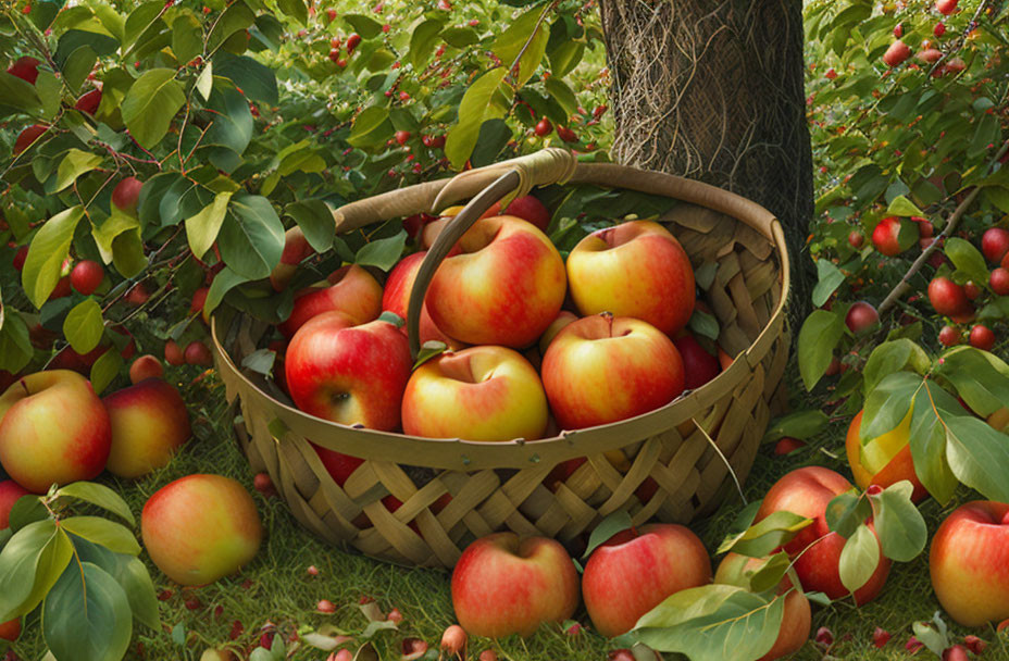 Ripe red apples in wicker basket among fallen fruit and green foliage