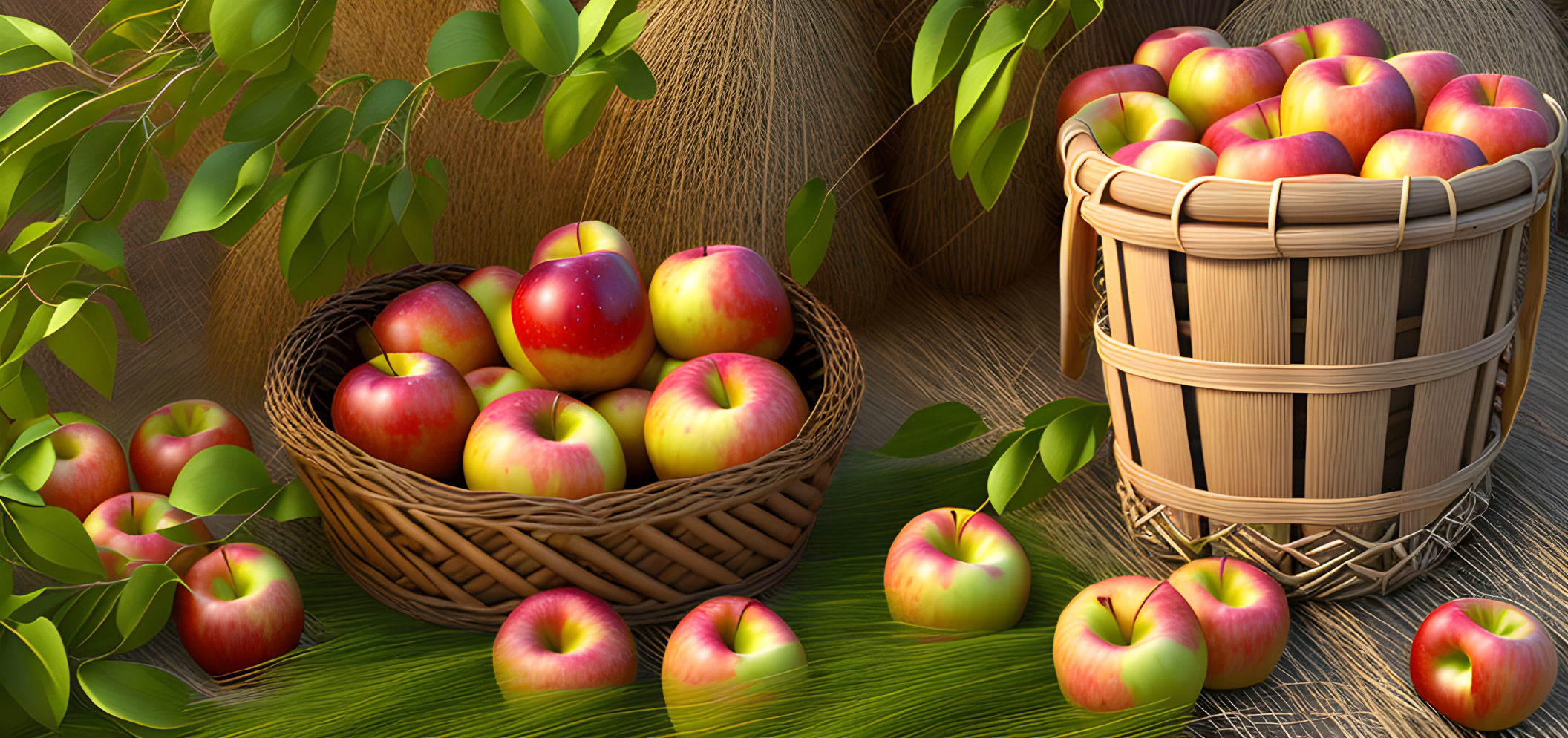 Red and Yellow Apples in Wicker Baskets with Coconuts and Foliage