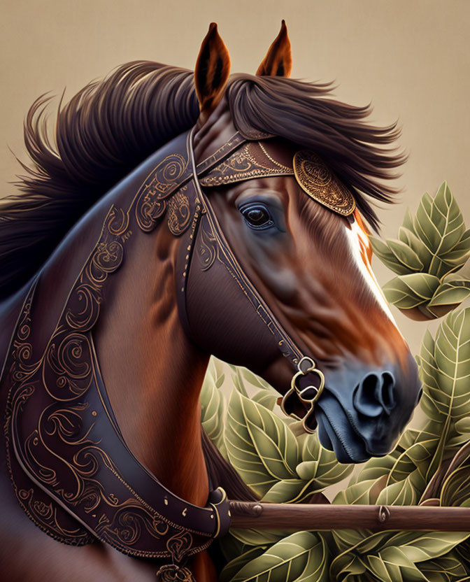 Stately horse with ornate bridle in green leaf backdrop