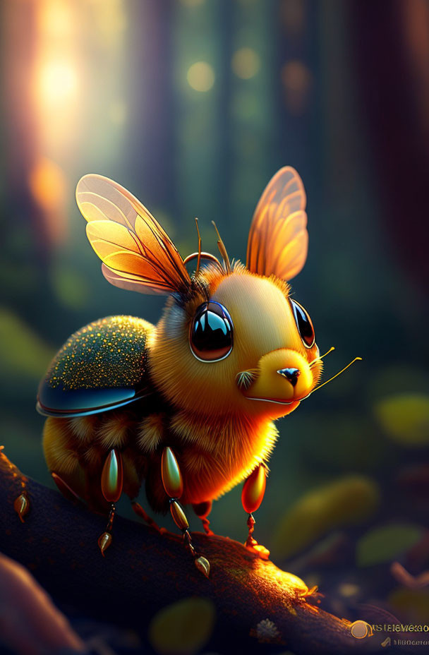 Cute animated bee on branch in sunlit forest