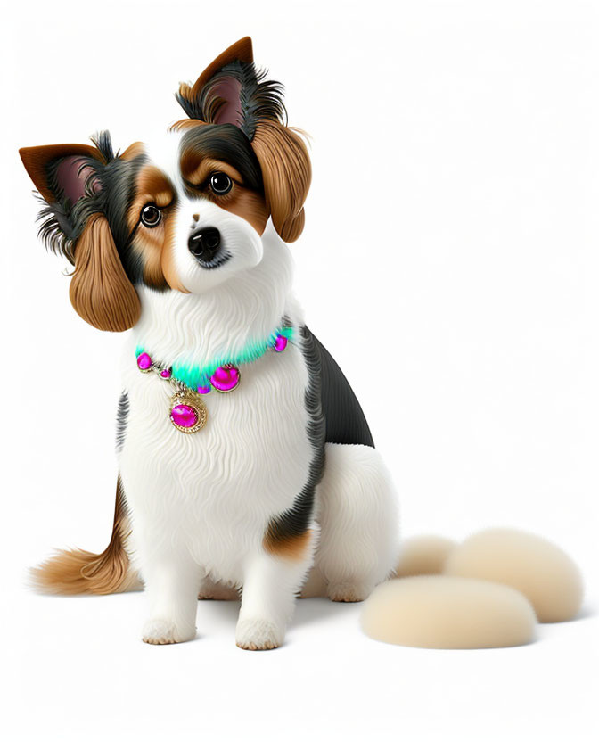 Whimsical cartoonish dog with expressive eyes and colorful necklace next to three eggs