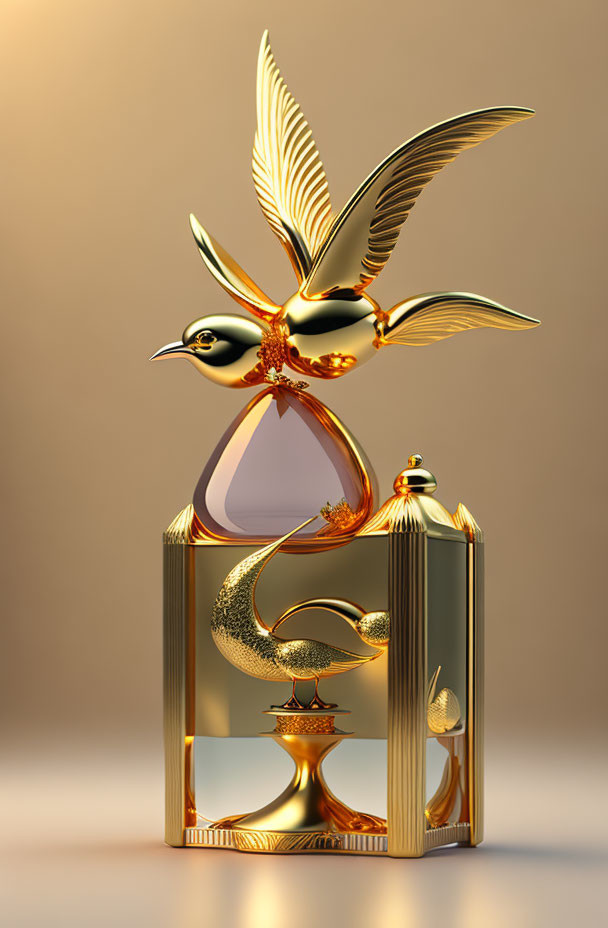 Golden ornamental bird perched on luxurious metallic perfume bottle