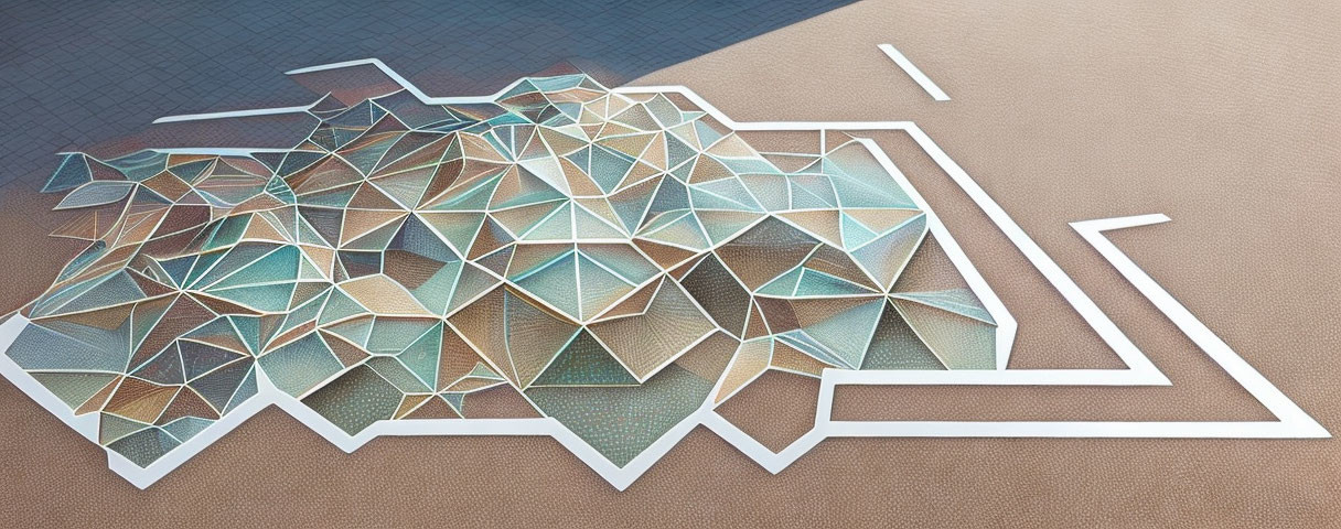 Geometric 3D mural with interconnected triangles in pastel shades