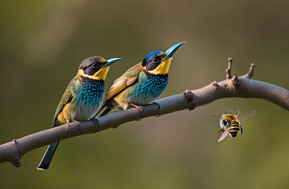 Colorful Birds and Bee on Branch in Soft-focus Green Background