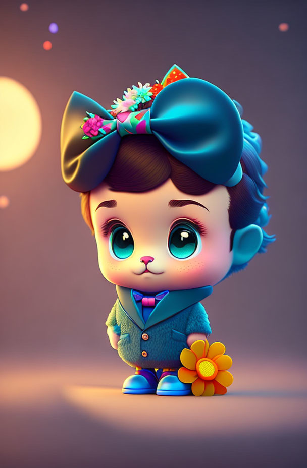 Stylized animated character with big eyes and bow, holding a flower