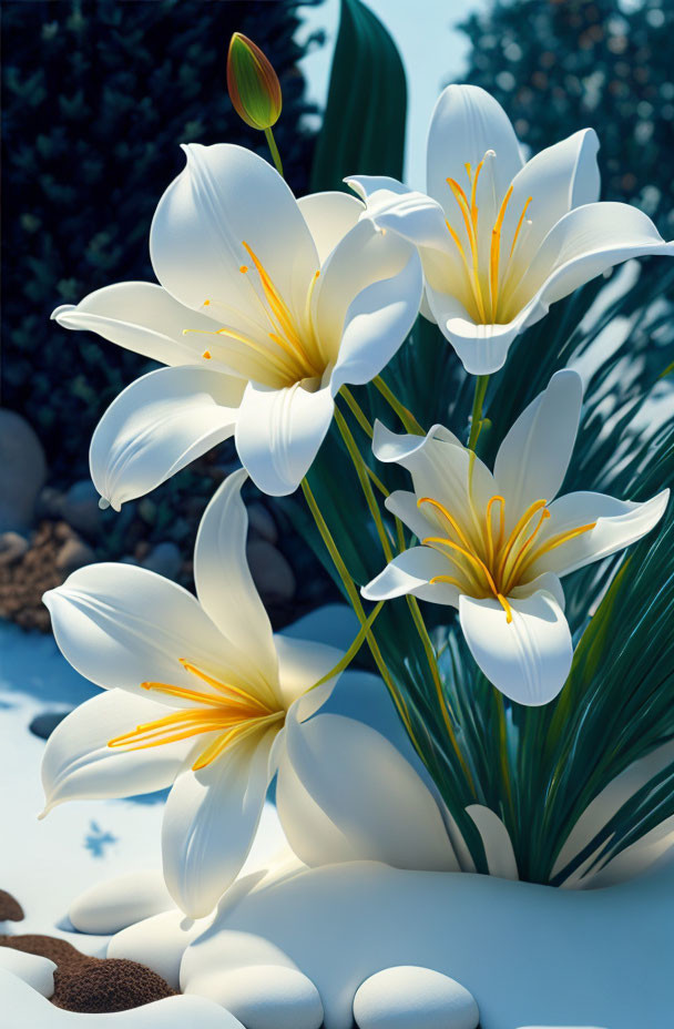 White lilies with yellow stamens in a serene garden setting