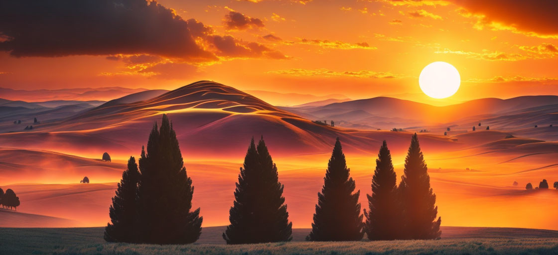 Scenic landscape of rolling hills and trees under vibrant sunset sky