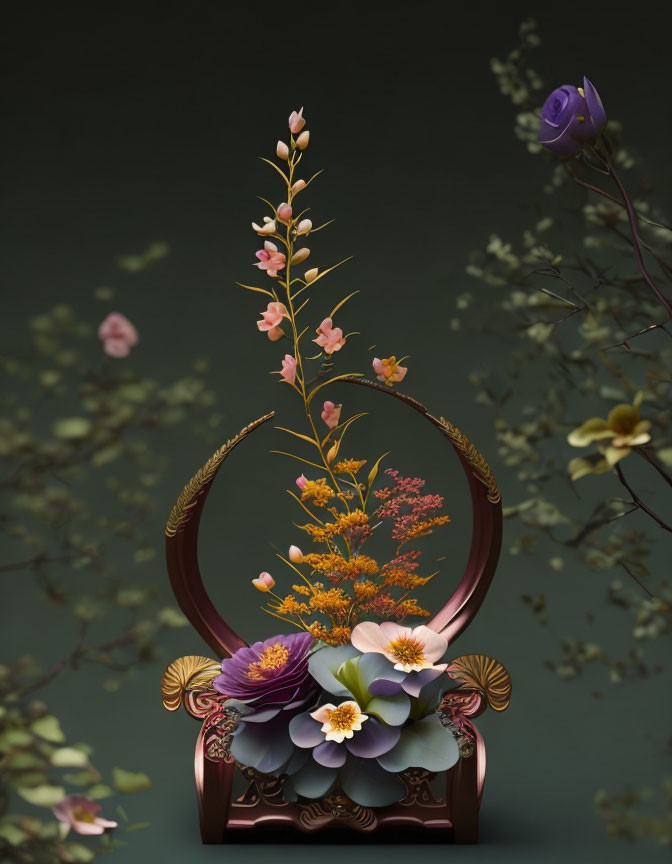 Floral and Leaf Arrangement on Ornate Crescent Stand