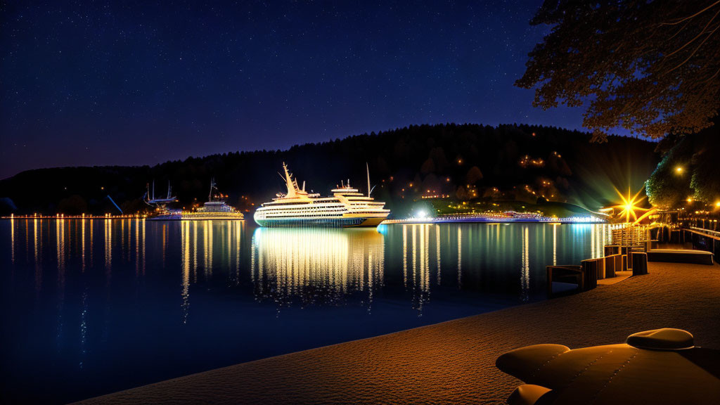 Illuminated cruise ship on calm lake at night