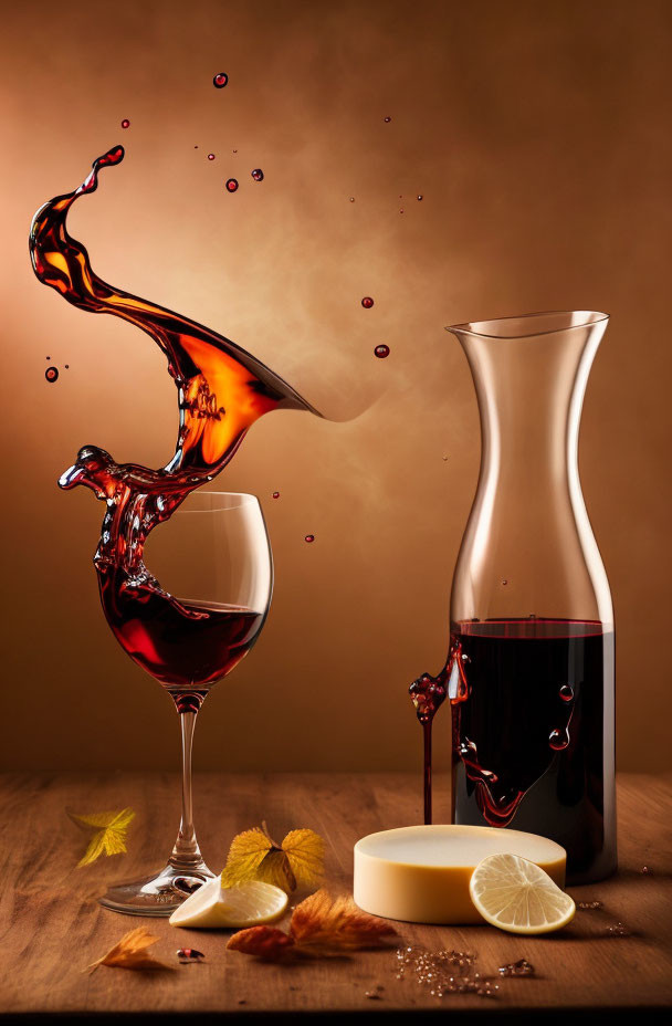 Red wine splashing from tilted glass with decanter, lemon, cheese, and peppercorns on