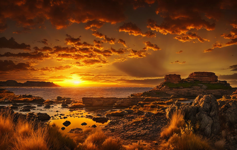 Scenic sunset with golden hues on water and rocky shores