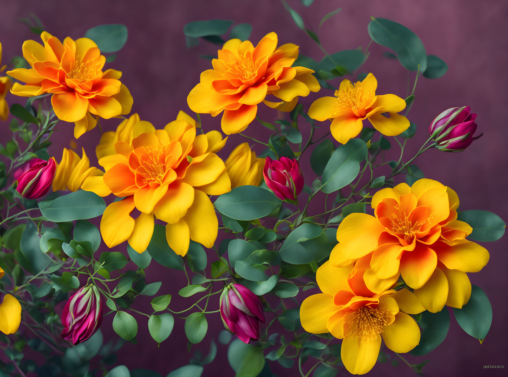 Colorful orange and yellow flowers with green leaves on soft purple backdrop