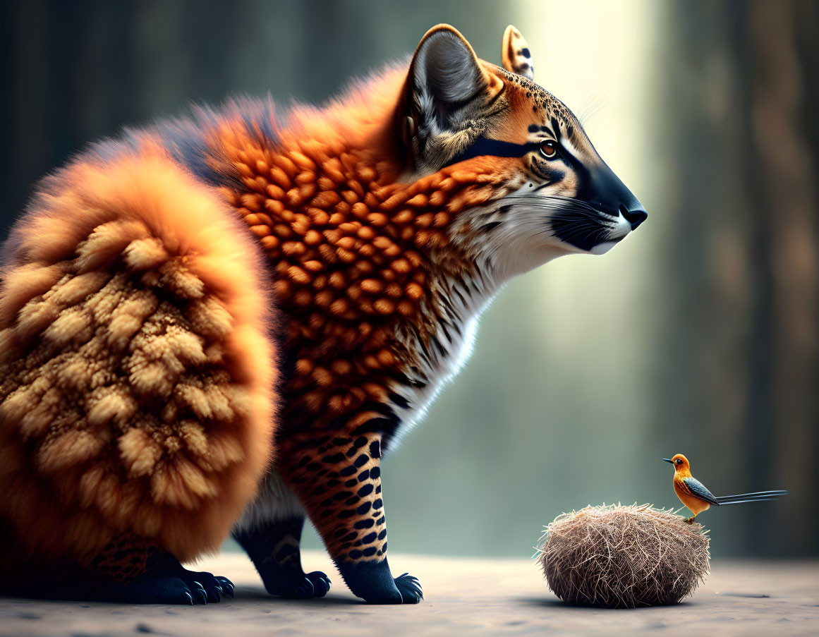 Artistic creature with fox and lemur features meets bird on branch in forest scene