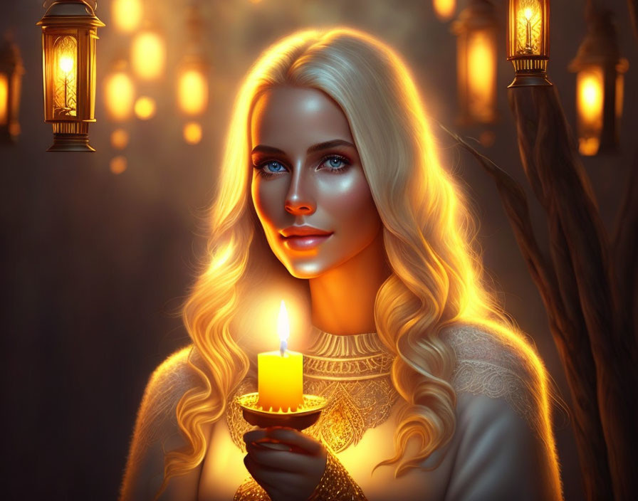 Blonde woman holding a candle surrounded by lanterns