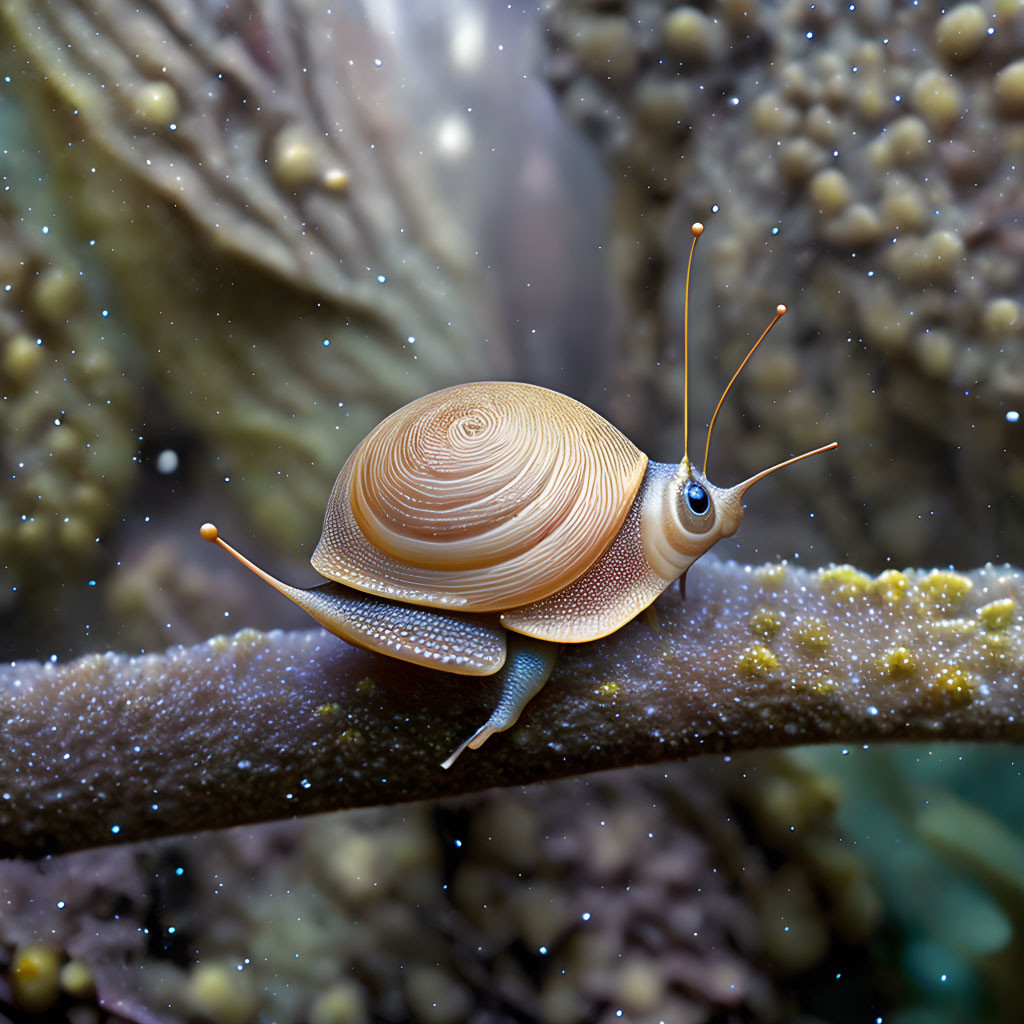 Brown snail with spiral shell on branch against blurred background with yellow spots.