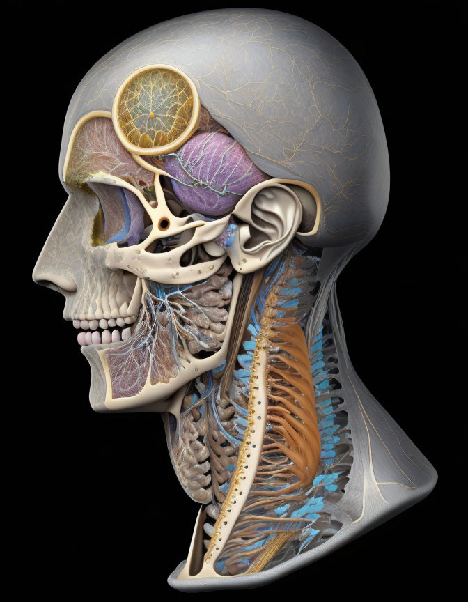 Anatomical illustration of human head: skull, brain, muscles, internal structures