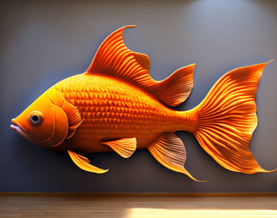 Vibrant oversized goldfish in mid-air against dark interior wall