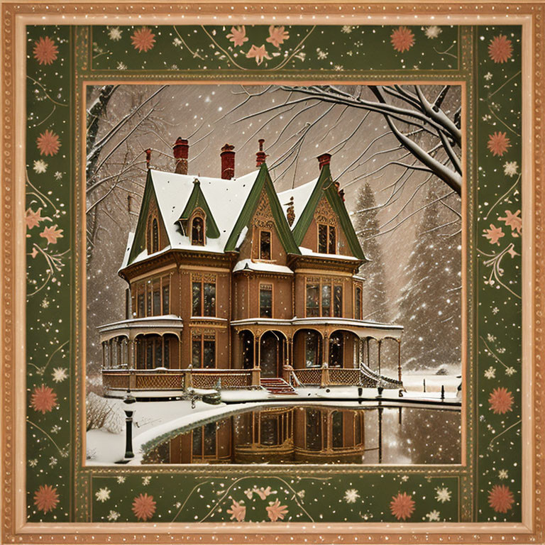 Victorian-style house in snowy landscape with floral border frame