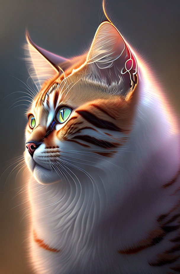 Orange Tabby Cat Digital Art with Green Eyes and Luminescent Glow