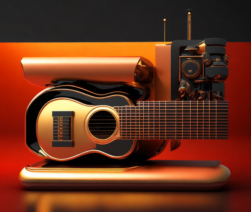 Stylized guitar with retro radio on orange background