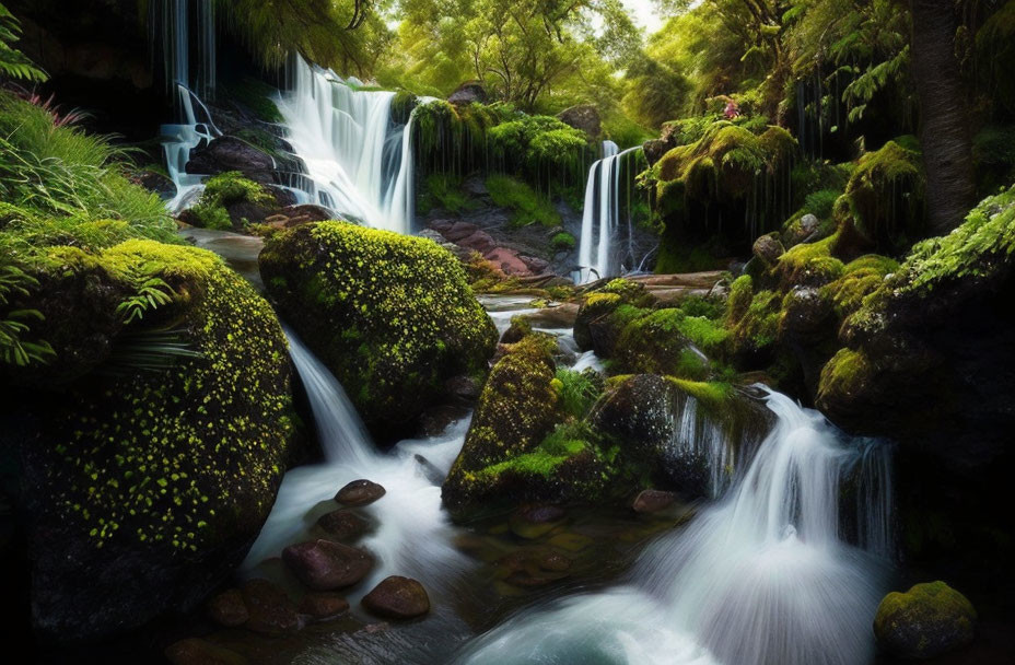 Tranquil waterfall in lush greenery with yellow flowers