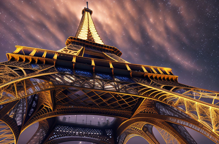 Iconic Eiffel Tower at night under starry sky and fast-moving clouds