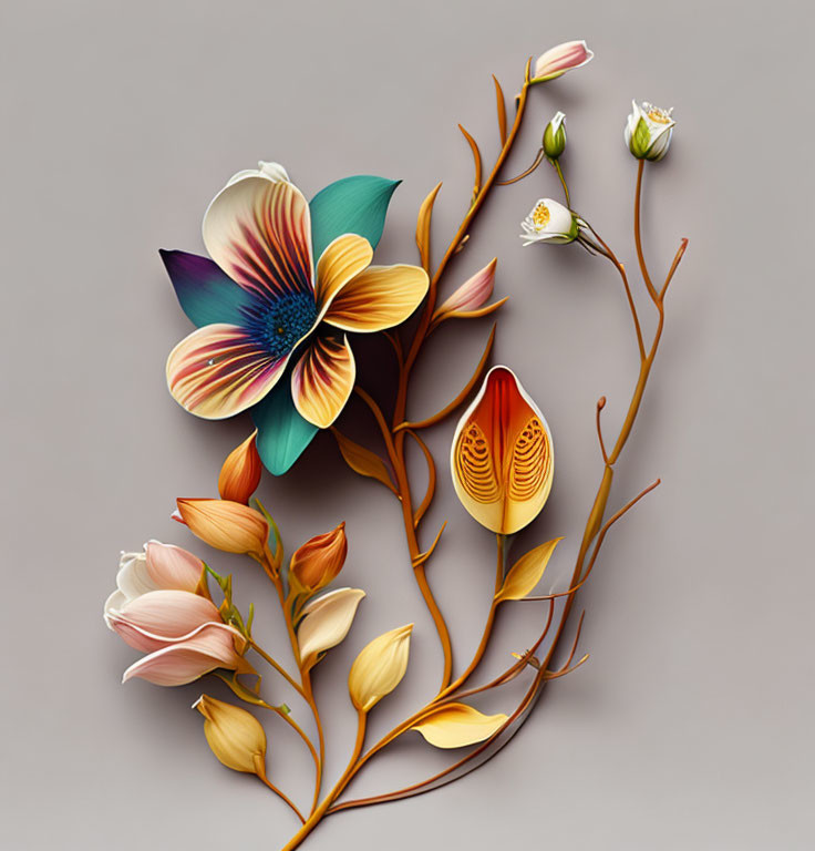 Stylized Flowers and Leaves in Warm Tones with Paper Cut-Out Effect