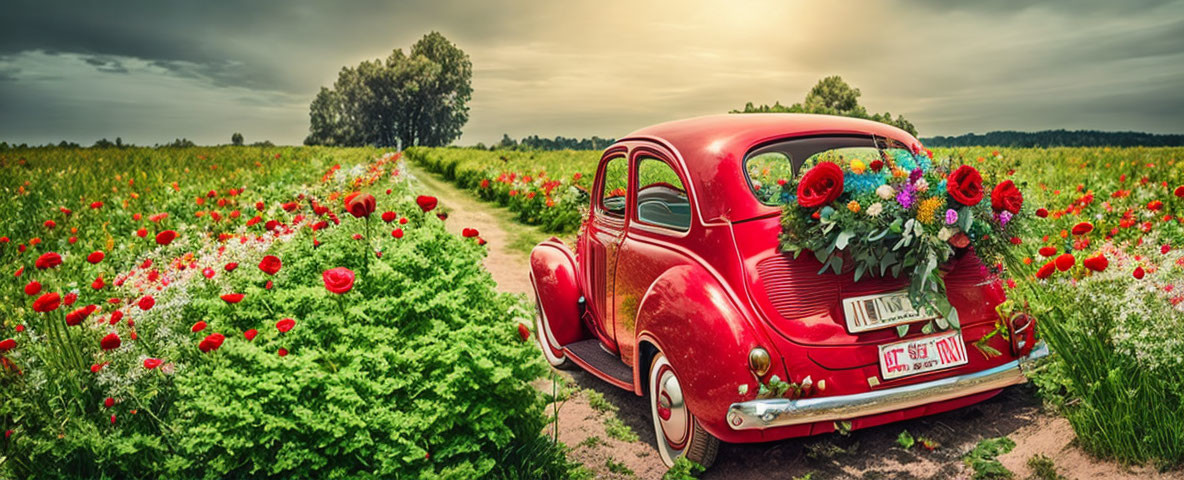 Vintage Red Car with Flowers in Poppy Field on Dirt Road