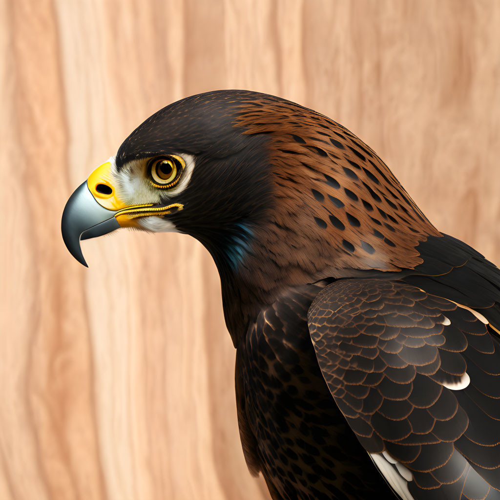 Majestic falcon with brown and black feathers, sharp beak, and yellow eyes on wooden