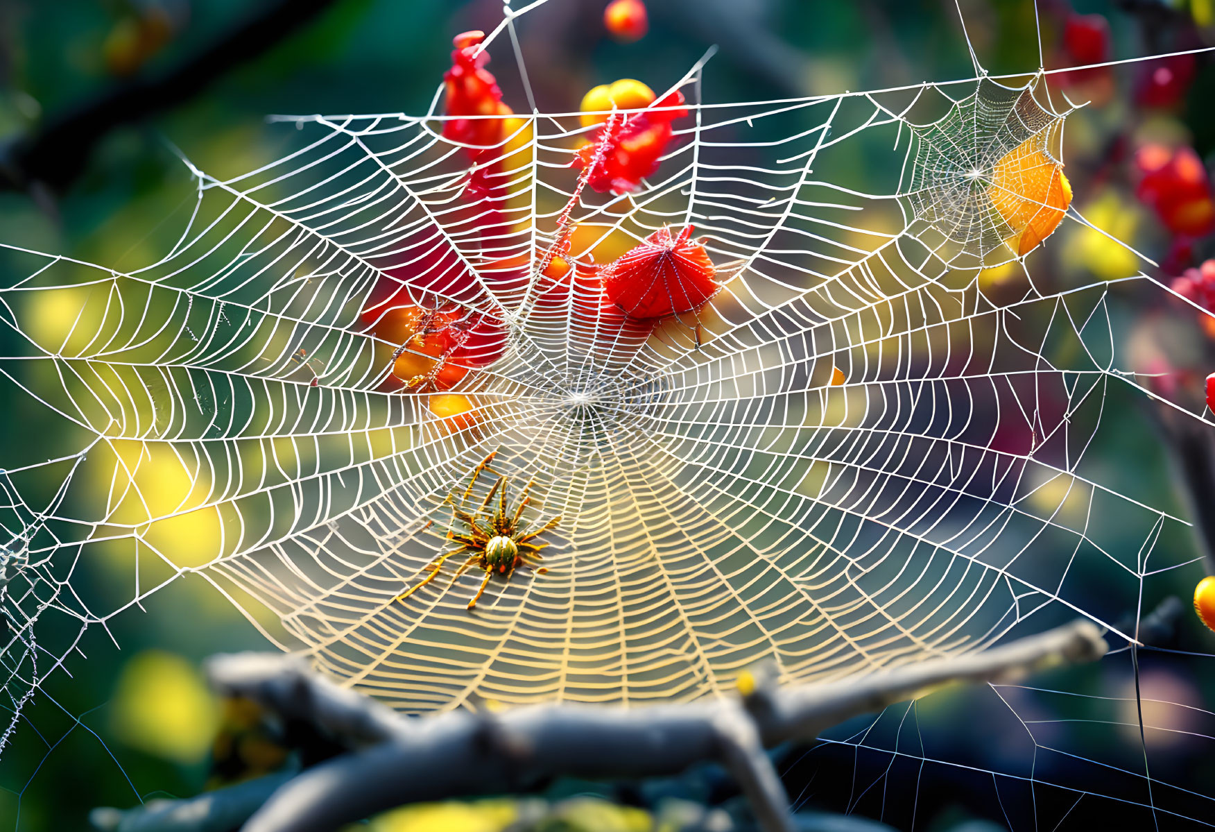 Intricate spider web among branches with red berries