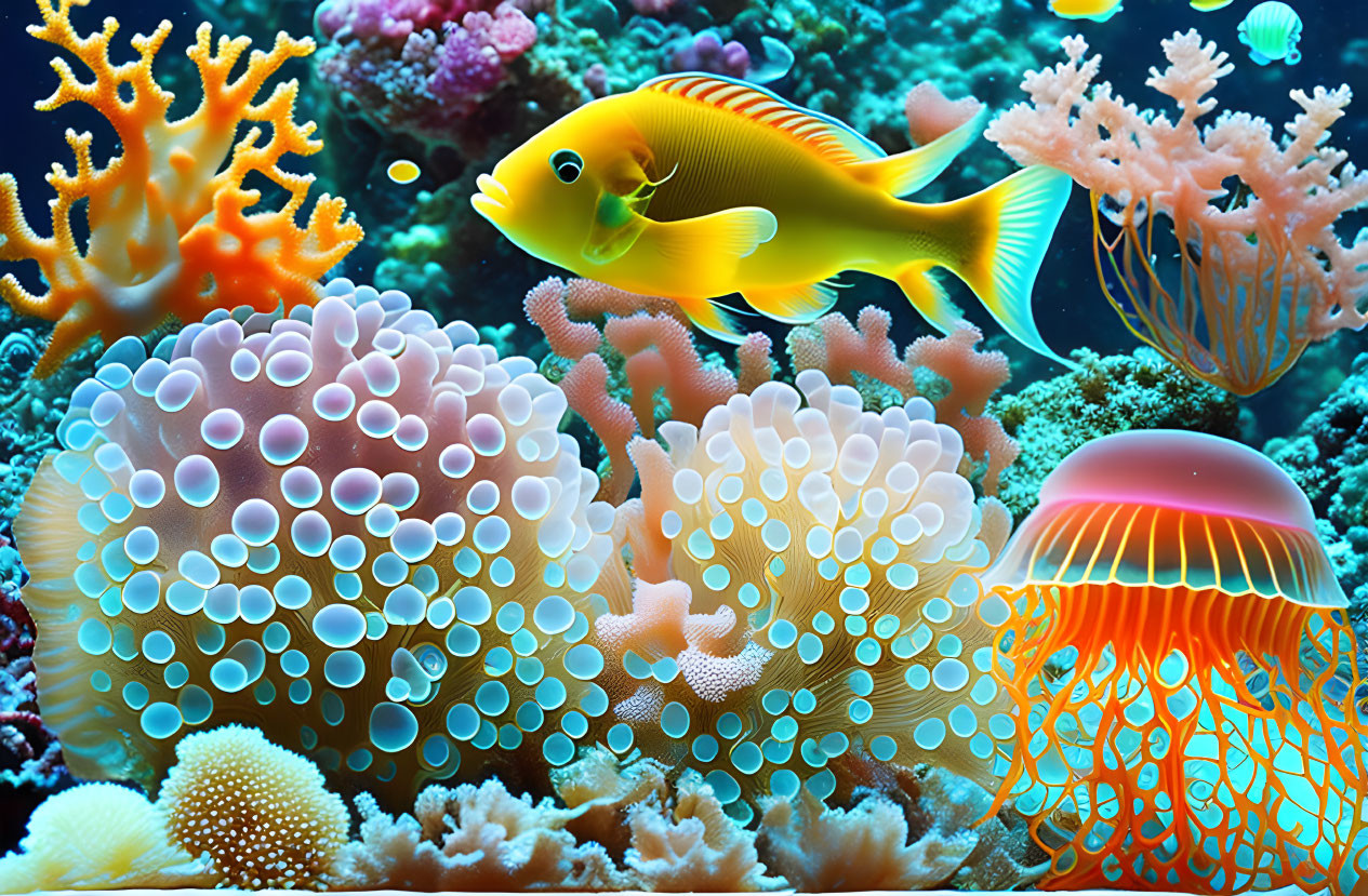 Colorful Underwater Scene with Yellow Fish and Jellyfish